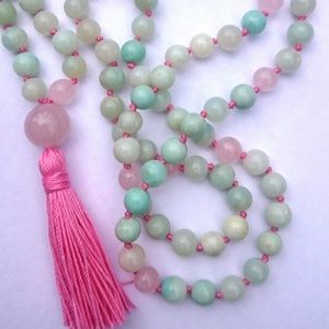 Amazonite Rose Quartz Knotted Mala Necklace